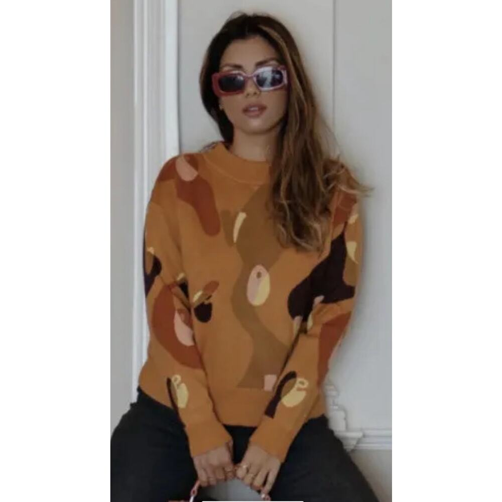 Never Fully Dressed Artist Sweater Jacquard Bold Print Beige Brown Size 6 - Picture 5 of 9